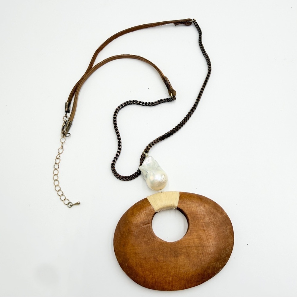 Boho Wooden Pendant Necklace with Baroque Pearl & Leather Cord
